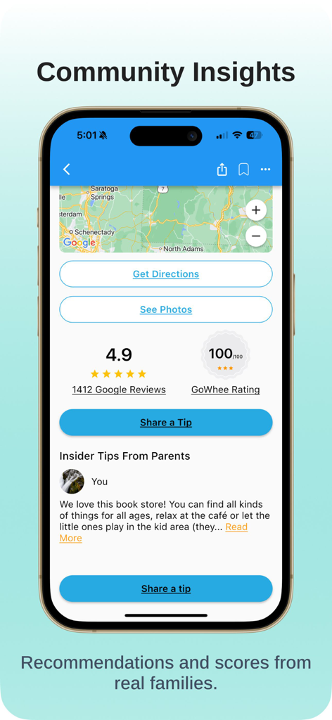 Gowhee app interface displaying community insights with parent reviews and ratings for kid-friendly locations.