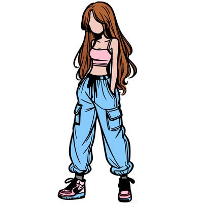 girl in baggy pants crop top and long hair