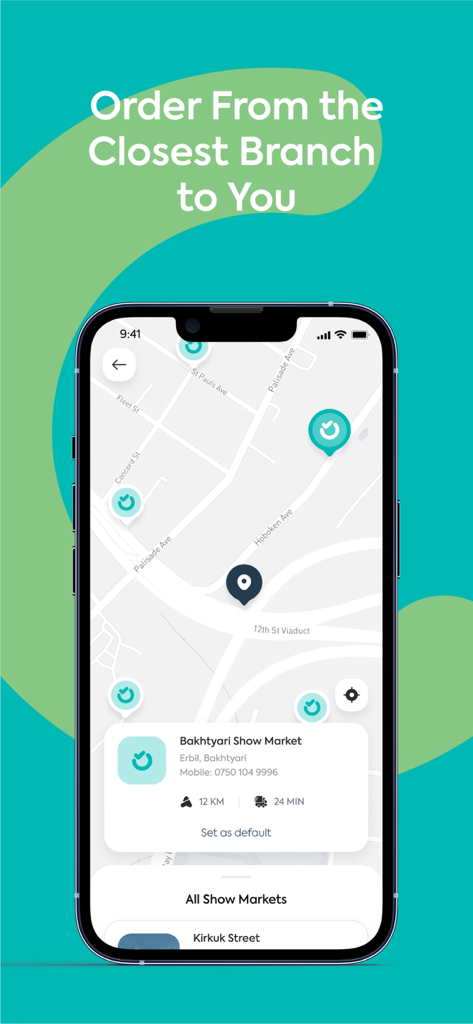 Show Market - Show Marketアプリの店舗検索マップ。最寄りの支店と配達時間を表示。