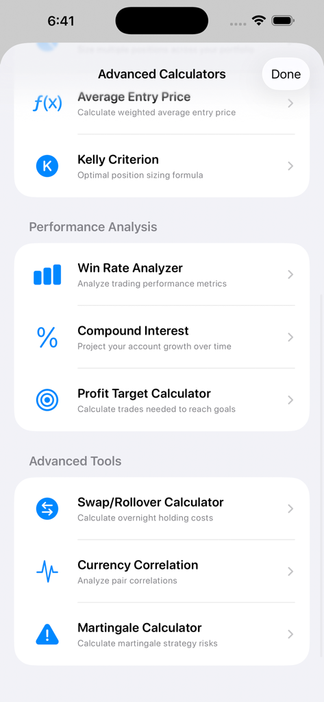 Advanced trading calculators menu showing risk management and performance analysis tools