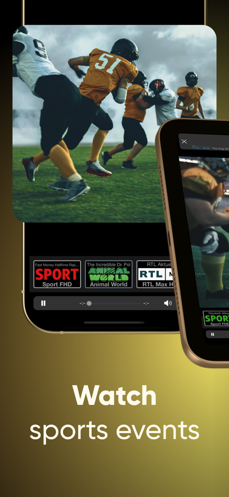 IPTV Streamer Pro - iPhone et iPad affichant un match de football en direct sur l'application IPTV Streamer Pro avec la légende Regarder des événements sportifs