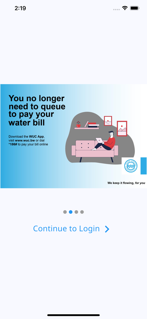 WUC App - Welcome screen of the WUC App illustrating a person paying their water bill online from the comfort of home