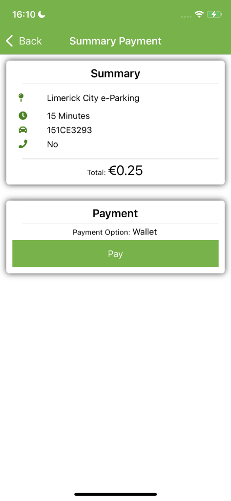 Limerick e-Parking - Limerick e-Parking app summary payment screen showing 15 minutes of parking for 0.25 euros