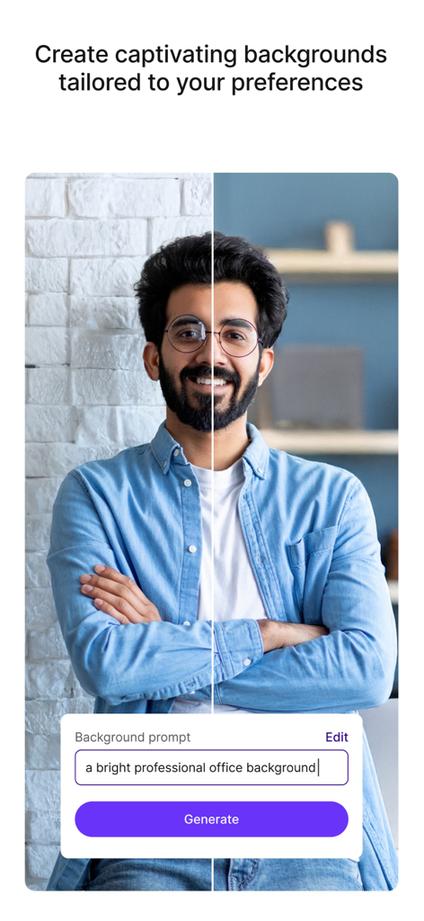 Pixelbin: AI Photo Editor - Uma tela dividida mostrando uma pessoa com um fundo de escritório profissional gerado por IA criado a partir de um prompt de texto.