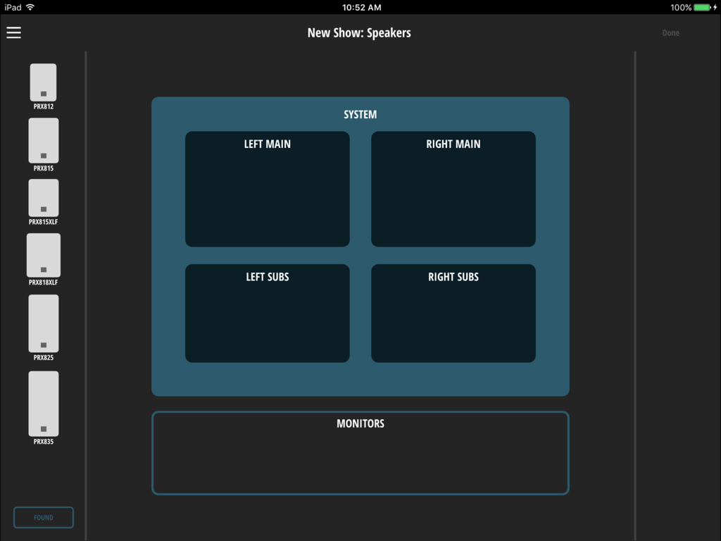 PRX Connect - PRX Connect app interface for setting up speaker layouts and system configuration on an iPad