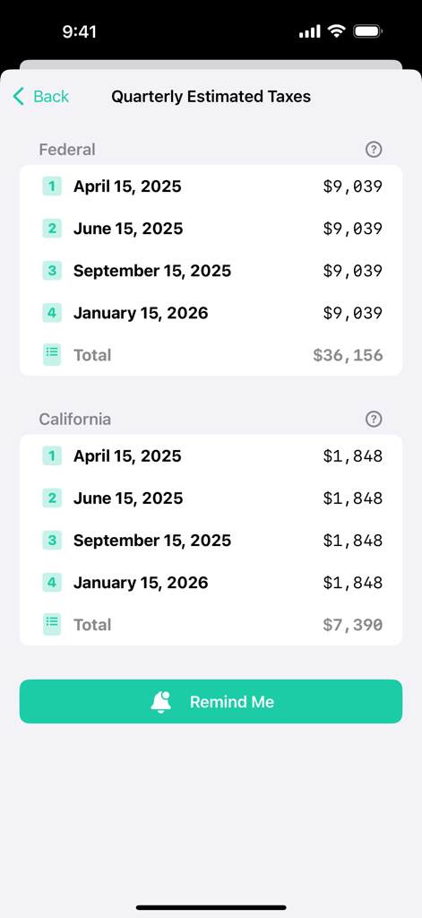 A screenshot of the Taxatio app showing a breakdown of federal and state quarterly estimated tax payments for 2025 and 2026.