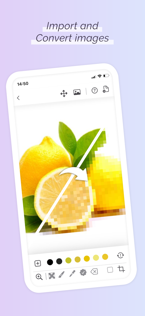 Cross Stitch Pattern Maker - A smartphone displaying the conversion of a photo of lemons into a pixelated cross stitch pattern