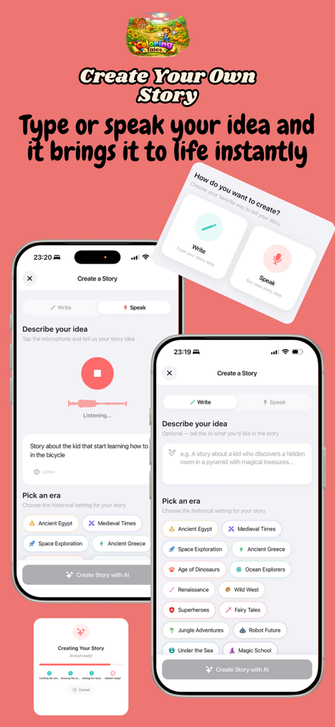 ColoringTales - Interfaz de la aplicación ColoringTales que muestra el proceso de creación de historias personalizadas escribiendo o hablando.