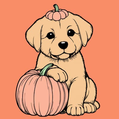 a realistic puppywith a pumpkin on his head