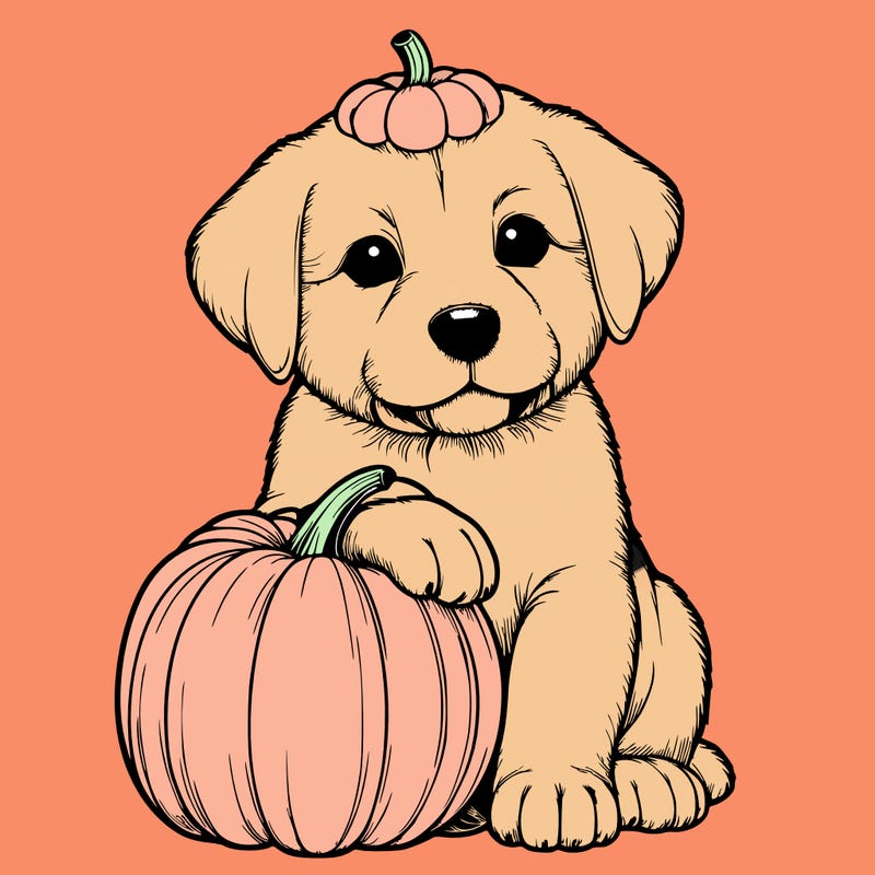 a realistic puppywith a pumpkin on his head