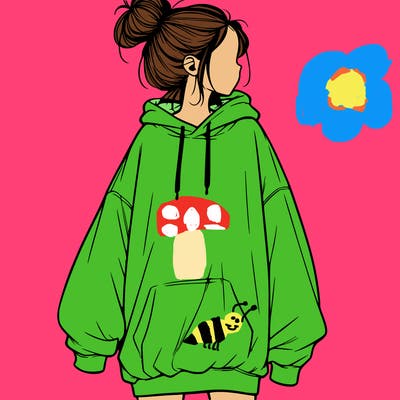 realistic girl with a oversized sweatshirt on and a bun