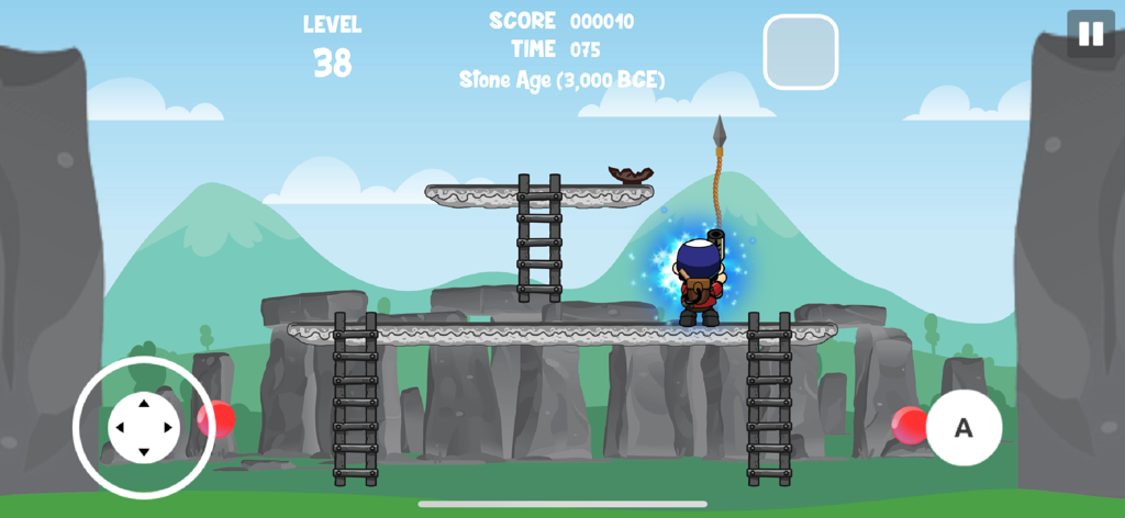 Pang In Time - Gameplay of Pang In Time showing a character with a harpoon in a Stone Age level