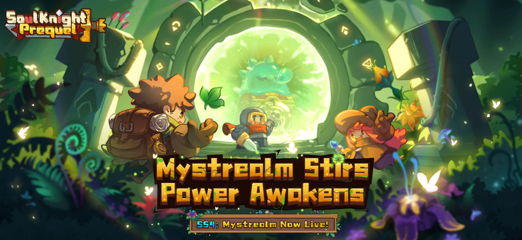 Soul Knight Prequel - Héroes Chibi parados frente a un portal verde brillante en la actualización Mystrealm de Soul Knight Prequel.