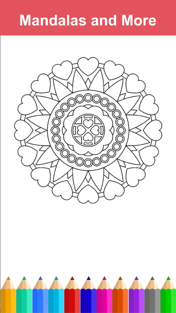 Mandala Adult Coloring Book Free Stress Relieving - Intricate heart patterned mandala line art with a row of colored pencils at the bottom