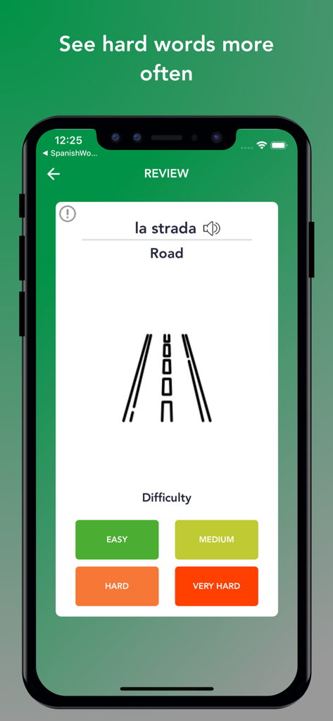 Tobo: Learn Italian Vocabulary - Italian vocabulary flashcard for the word road with difficulty selection buttons in the Tobo app