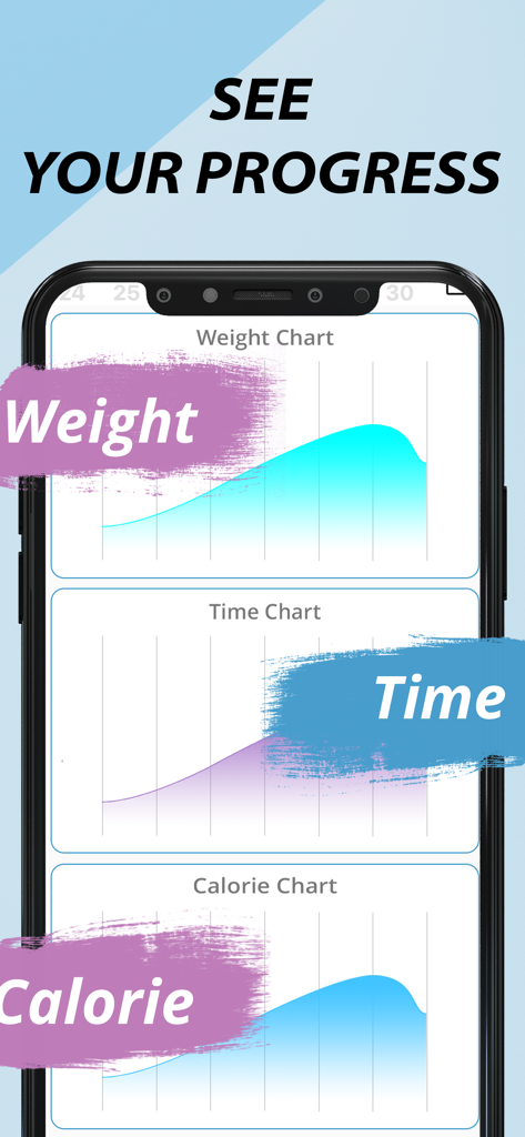 Stretching & Flexibility - App interface showing progress tracking with charts for weight, exercise time, and calories burned