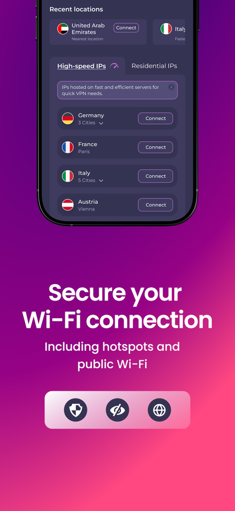 Interfaz de la aplicación Mysterium VPN mostrando ubicaciones de servidores y seguridad de conexión Wi-Fi