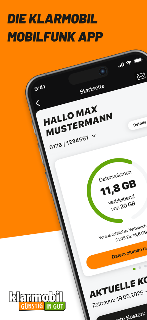 Interfaz de la aplicación móvil klarmobil mostrando un panel de consumo de datos con volumen restante