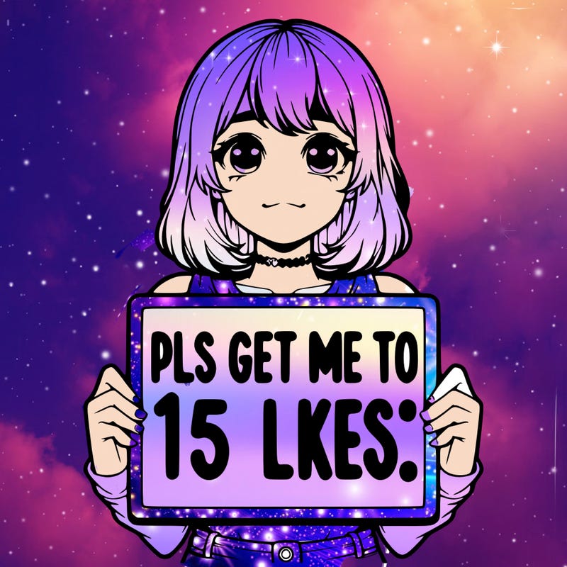 realistic girl holding up a sign that says “pls get me to 15 likes!”