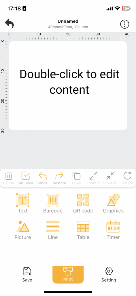 Eleph-label - Mobile app interface of Eleph-label showing tools for designing custom labels with text barcodes and graphics
