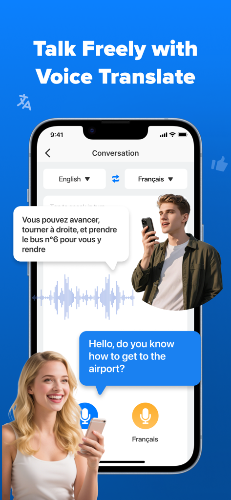 Smartphone screen displaying the voice translation feature of the AI Translator app with a bilingual conversation between English and French