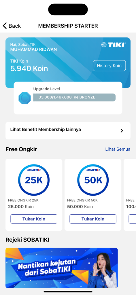 Tiki - Tiki app membership starter screen displaying coin balance and free shipping vouchers