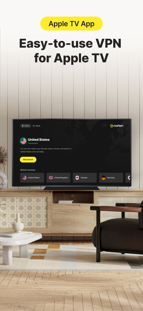 Norton VPN application interface displayed on an Apple TV screen in a modern living room