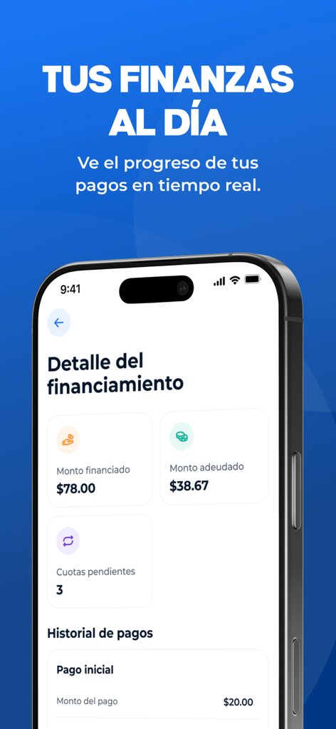QuickOffer | Paga Después - Pantalla de detalles de financiamiento de la aplicación QuickOffer que muestra el monto financiado y las cuotas pendientes