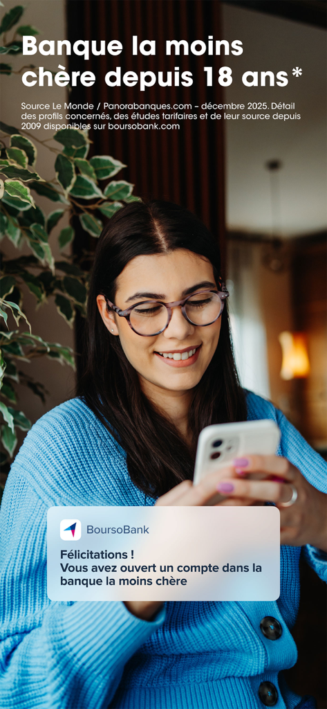 A woman smiling at her smartphone with a BoursoBank notification confirming a new account opening.
