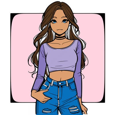 a realistic girl in a crop top and ripped jeans with long hair