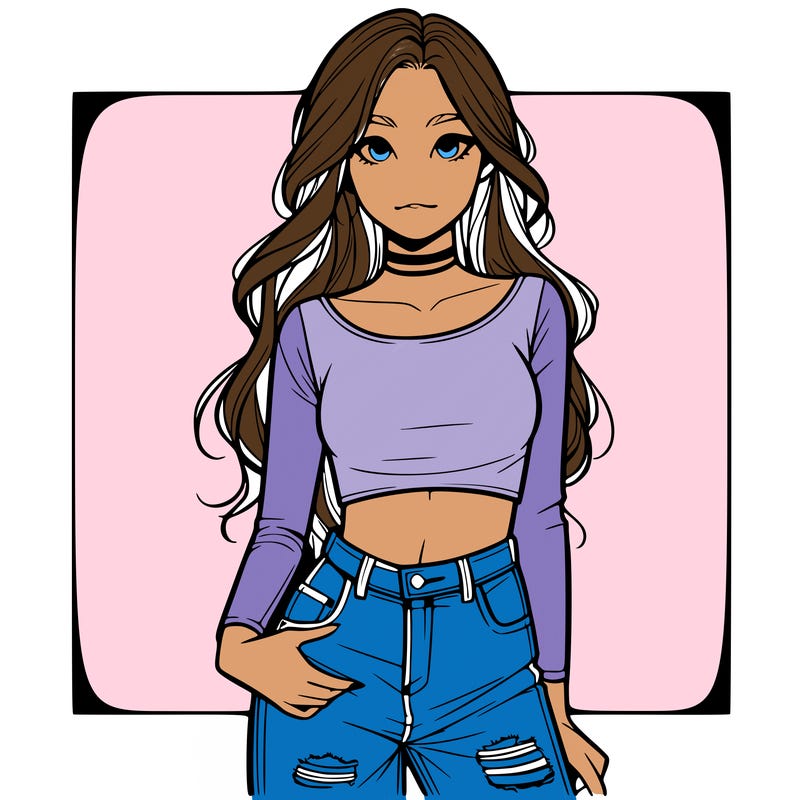 a realistic girl in a crop top and ripped jeans with long hair