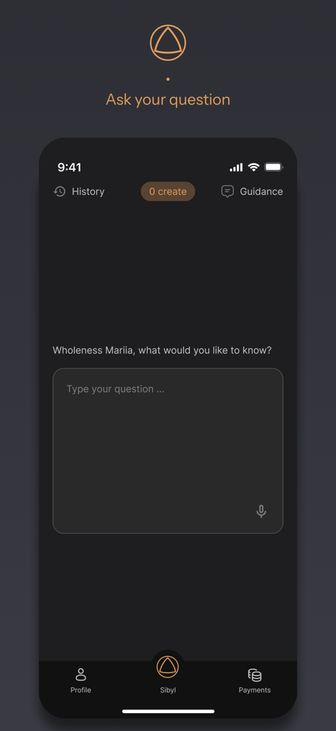 Sibyl AI - Interfaz de la aplicación Sibyl AI pidiendo al usuario que haga una pregunta espiritual con opciones de entrada de voz o texto