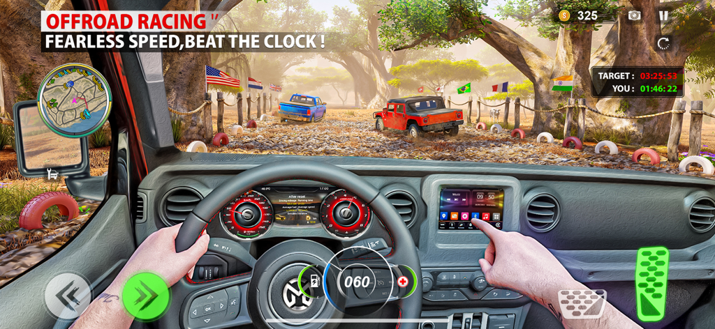 Offroad King Car Driving Game - First person interior view of a vehicle dashboard in an offroad racing game
