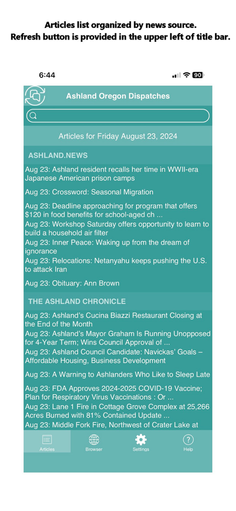 Ashland Oregon News Dispatches app interface showing local news articles organized by source.