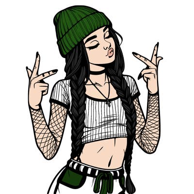 realistic teenage girl with braids and a beanie and crop top doing 🫶🏼