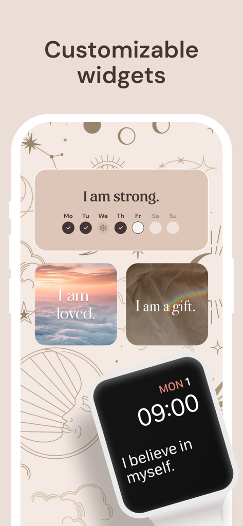 I am - Daily Affirmations - Esempi di widget di affermazioni giornaliere su uno schermo di smartphone e Apple Watch