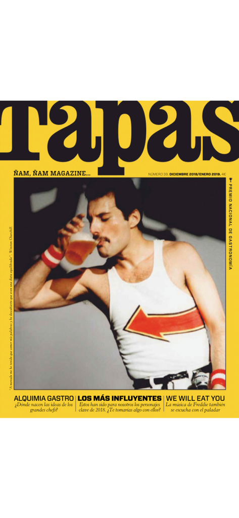 Tapas Magazine cover featuring Freddie Mercury drinking on a yellow background
