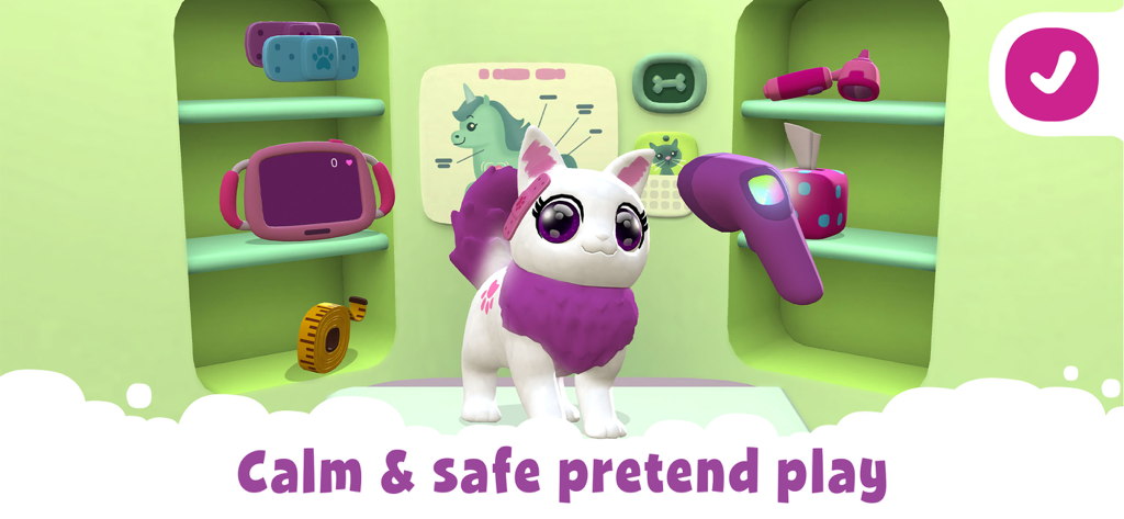 Un gatto bianco con colorazione viola in una stanza di esame veterinario digitale all'interno dell'app Crayola Scribble Scrubbie Pets.