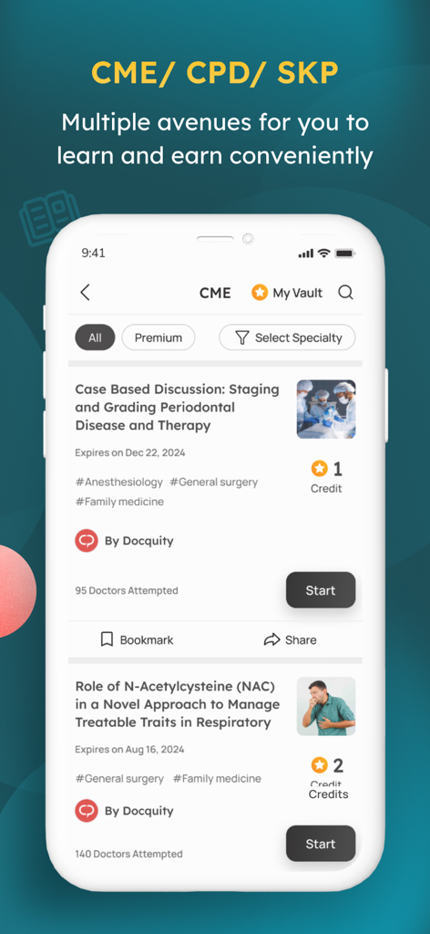 Docquity - Docquity app screen showing continuing medical education courses and credits for healthcare professionals