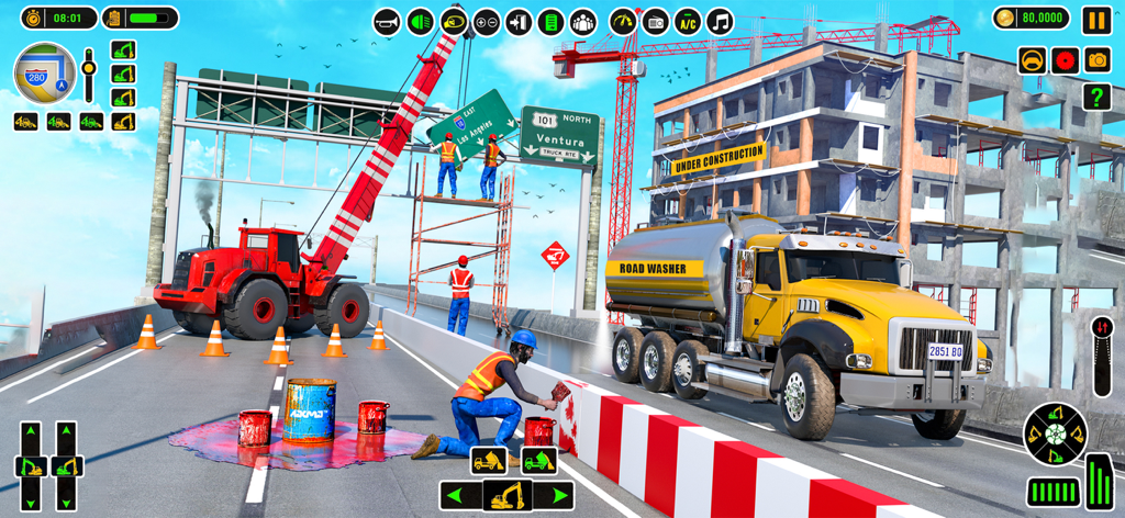 A yellow tanker truck and red crane on a highway construction site in the game Real Excavator Construction 3D.