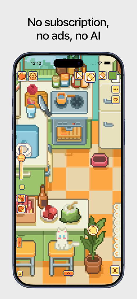 iPhone screenshot of Pixquare pixel art studio showing a cozy kitchen scene and no subscription text