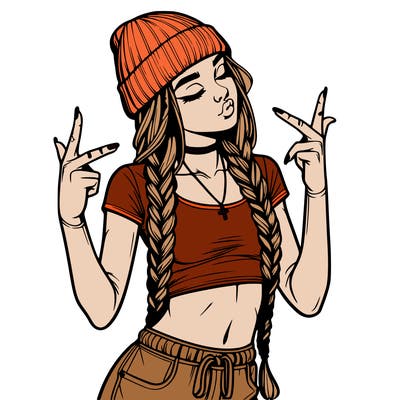realistic teenage girl with braids and a beanie and crop top doing 🫶🏼