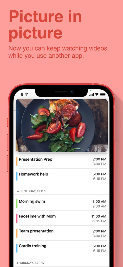 Dumbbell Home Workout Trainer - Smartphone screen showing picture in picture video playback over a daily calendar schedule for efficient workout planning
