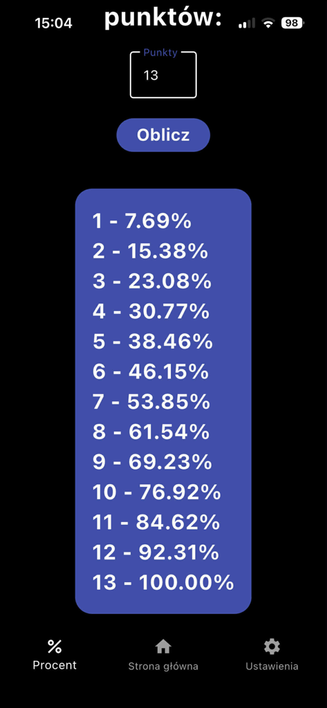 Kalkulator Ocen - Mobile app interface showing a list of points from 1 to 13 and their corresponding percentage values.