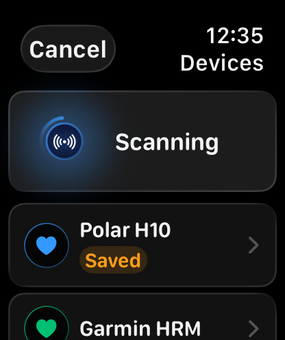 HRM Battery - Apple Watch interface scanning for heart rate monitors showing Polar H10 and Garmin HRM devices