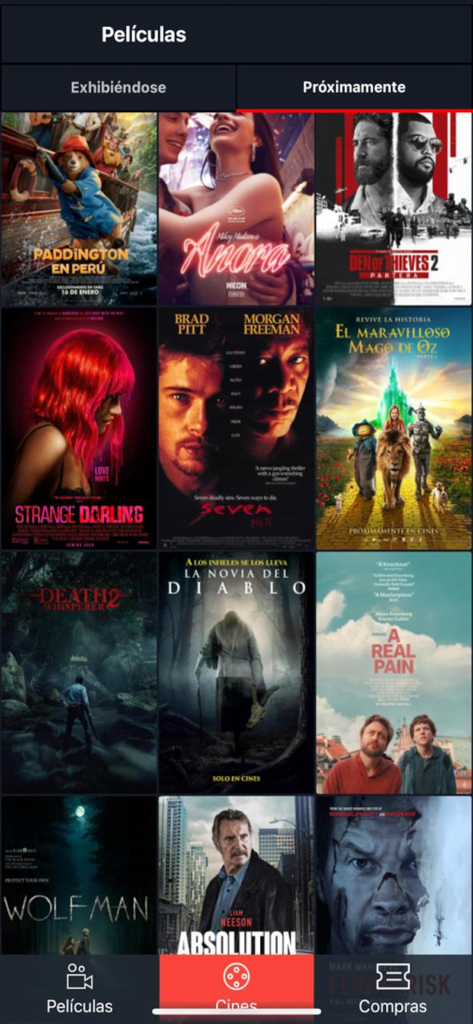 Caribbean Cinemas - Tela do aplicativo móvel exibindo uma grade de pôsteres de filmes futuros do Caribbean Cinemas.