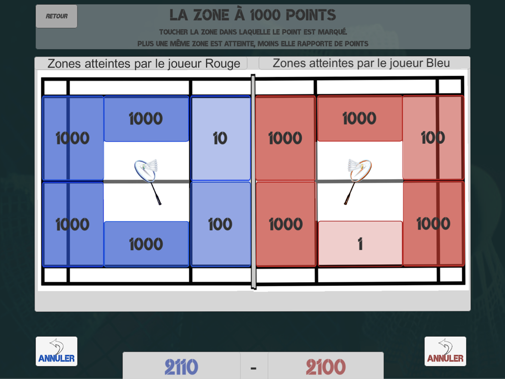 Tactical badminton court display showing zones with point values for match analysis and training