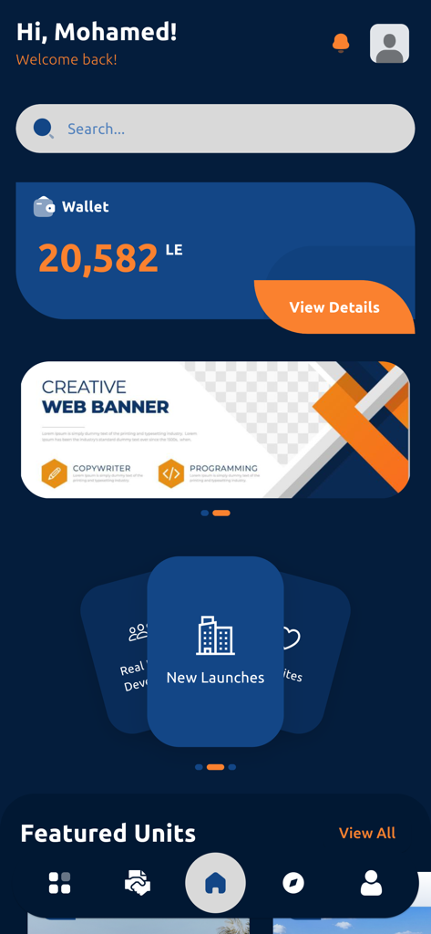 Dar | دار - Pantalla de inicio de la aplicación inmobiliaria Dar mostrando el saldo de la billetera y la búsqueda de propiedades