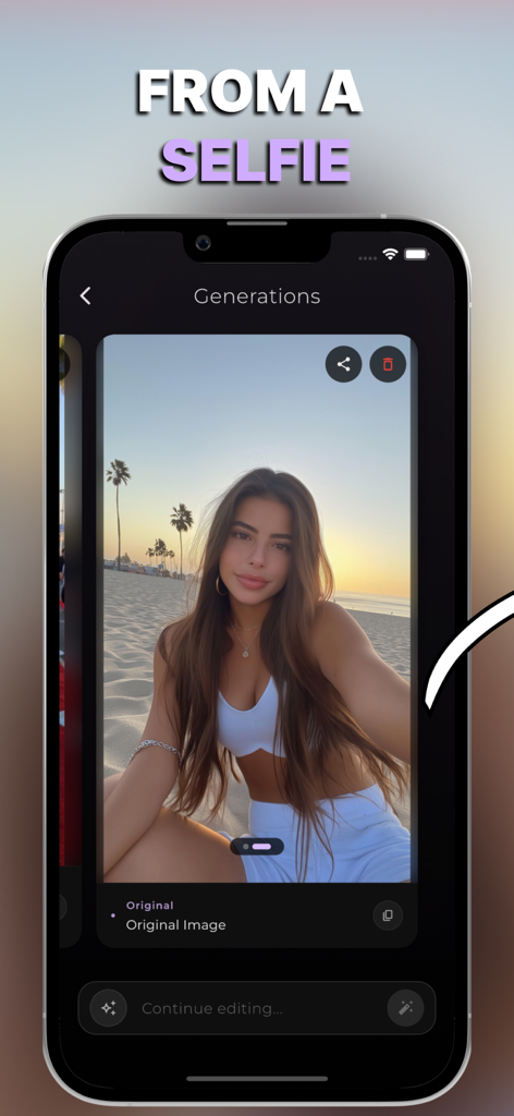 PixieAI - Magic Photo Editor - Pantalla de la aplicación PixieAI mostrando una selfie original de una mujer en una playa al atardecer.