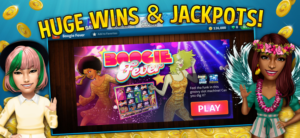 Jugabilidad de 7 Seas Casino con la máquina tragamonedas Boogie Fever, avatares de jugadores estilizados y texto de jackpot